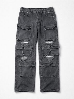 Nevstudio Multi-Pocket Distressed Cargo Jeans Washed Black Size 32